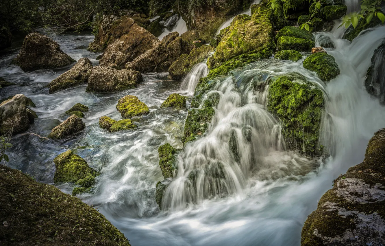 Photo wallpaper greens, stones, France, waterfall, moss, Provence