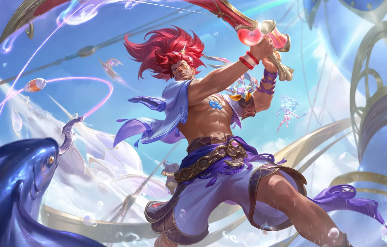 Photo wallpaper clouds, fish, sword, battle, game, stroke, characters, League of Legends