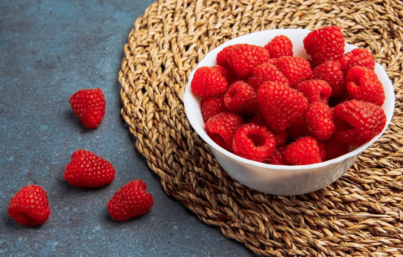 Photo wallpaper berries, raspberry, table, Mat, grey background, stand, composition, bowl