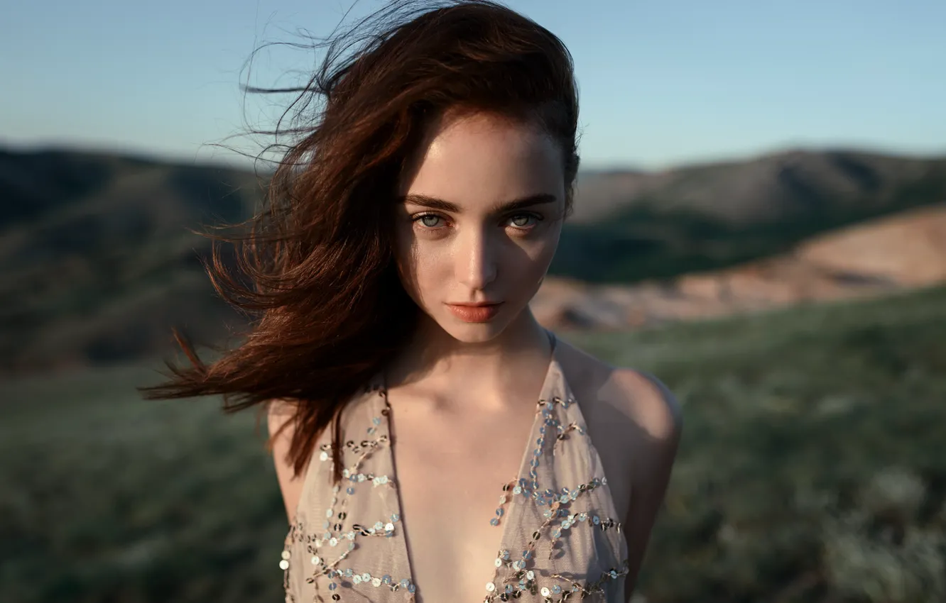 Photo wallpaper girl, green eyes, long hair, dress, photo, photographer, model, bokeh