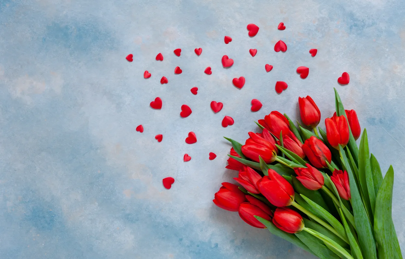 Photo wallpaper love, hearts, tulips, red, love, romantic, hearts, tulips