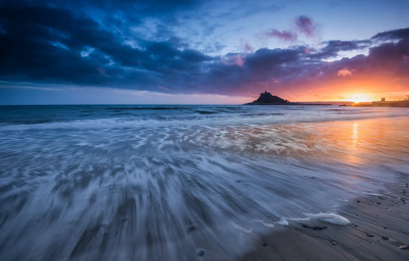 Photo wallpaper sea, sunset, England, England, Cornwall, Cornwall, Mounts Bay, Mount's Bay