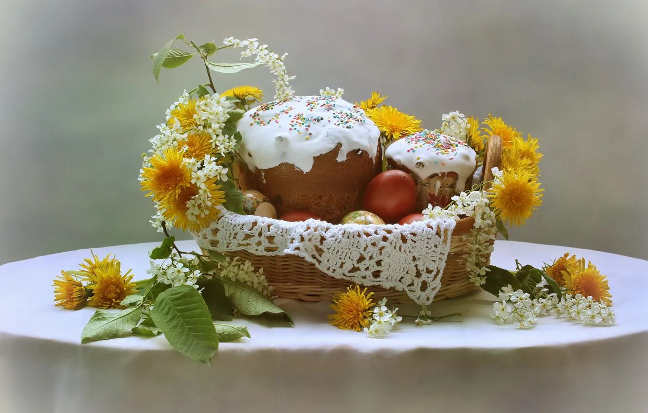 Photo wallpaper leaves, flowers, table, basket, eggs, Easter, still life, dandelions