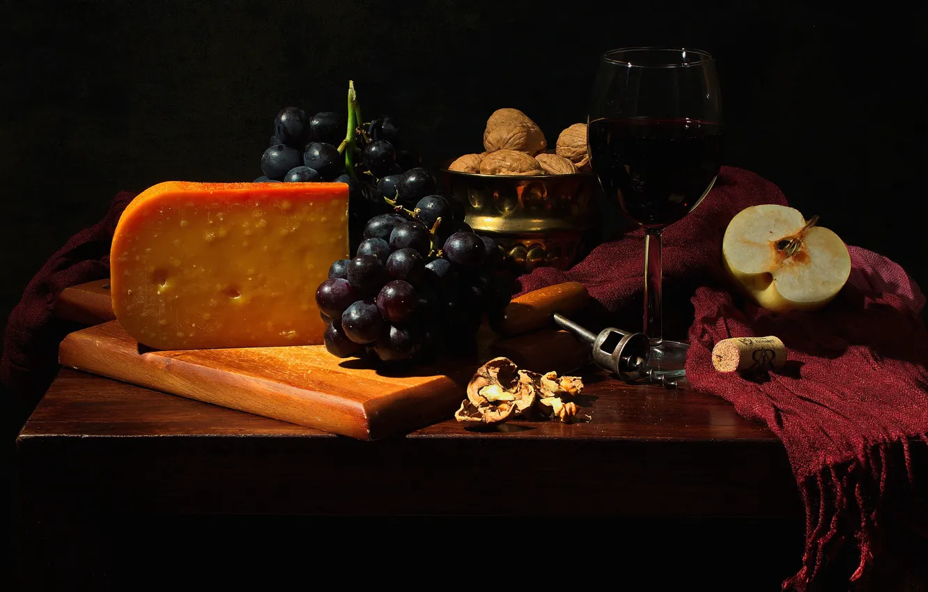 Photo wallpaper style, the dark background, table, wine, glass, Apple, food, cheese