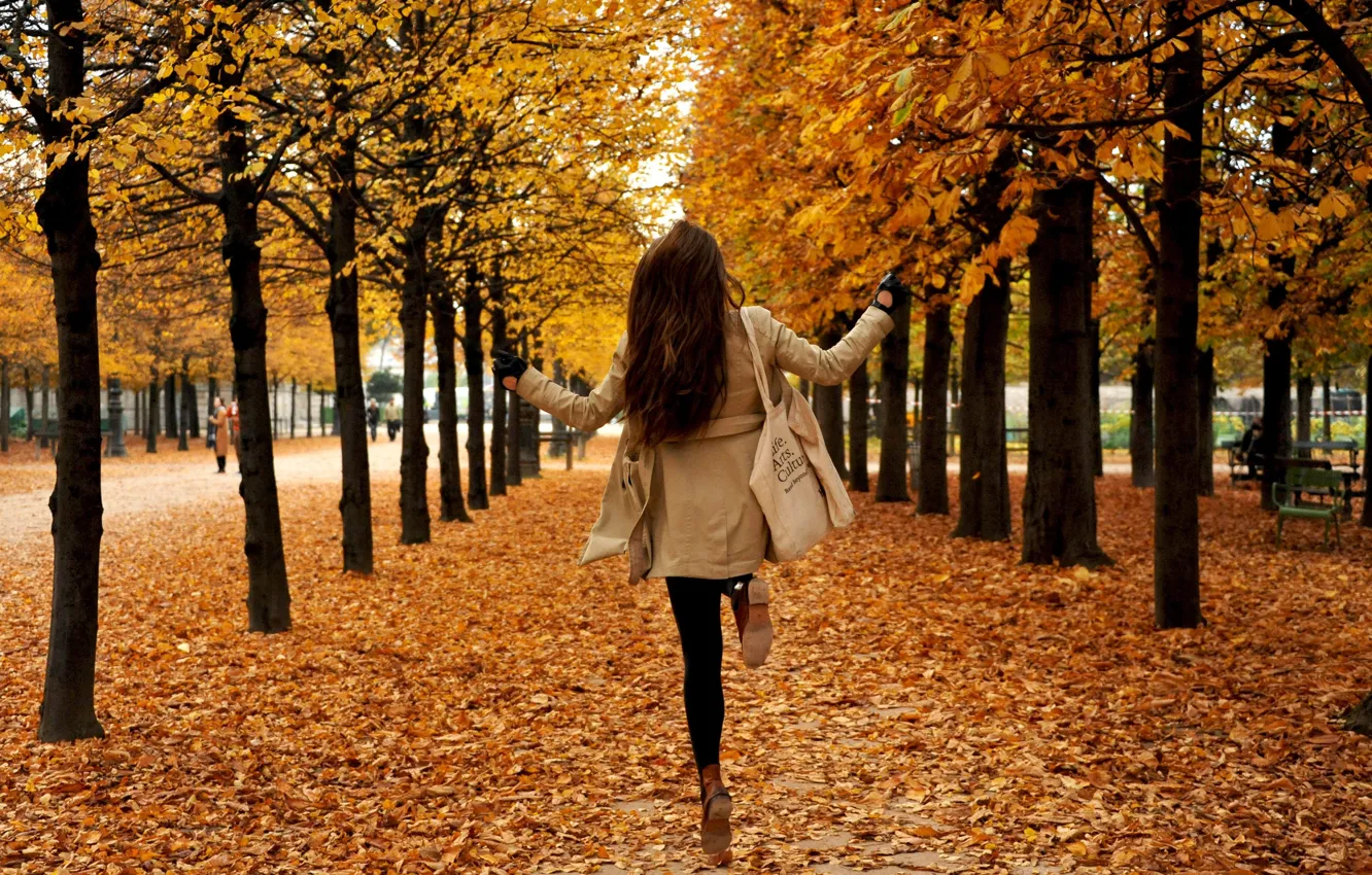 Photo wallpaper autumn, girl, trees, Park, foliage, falling leaves
