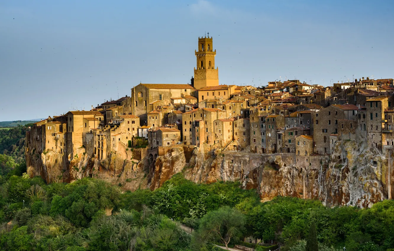 Photo wallpaper Pitigliano, Italy, the bell tower, home, Tuscany