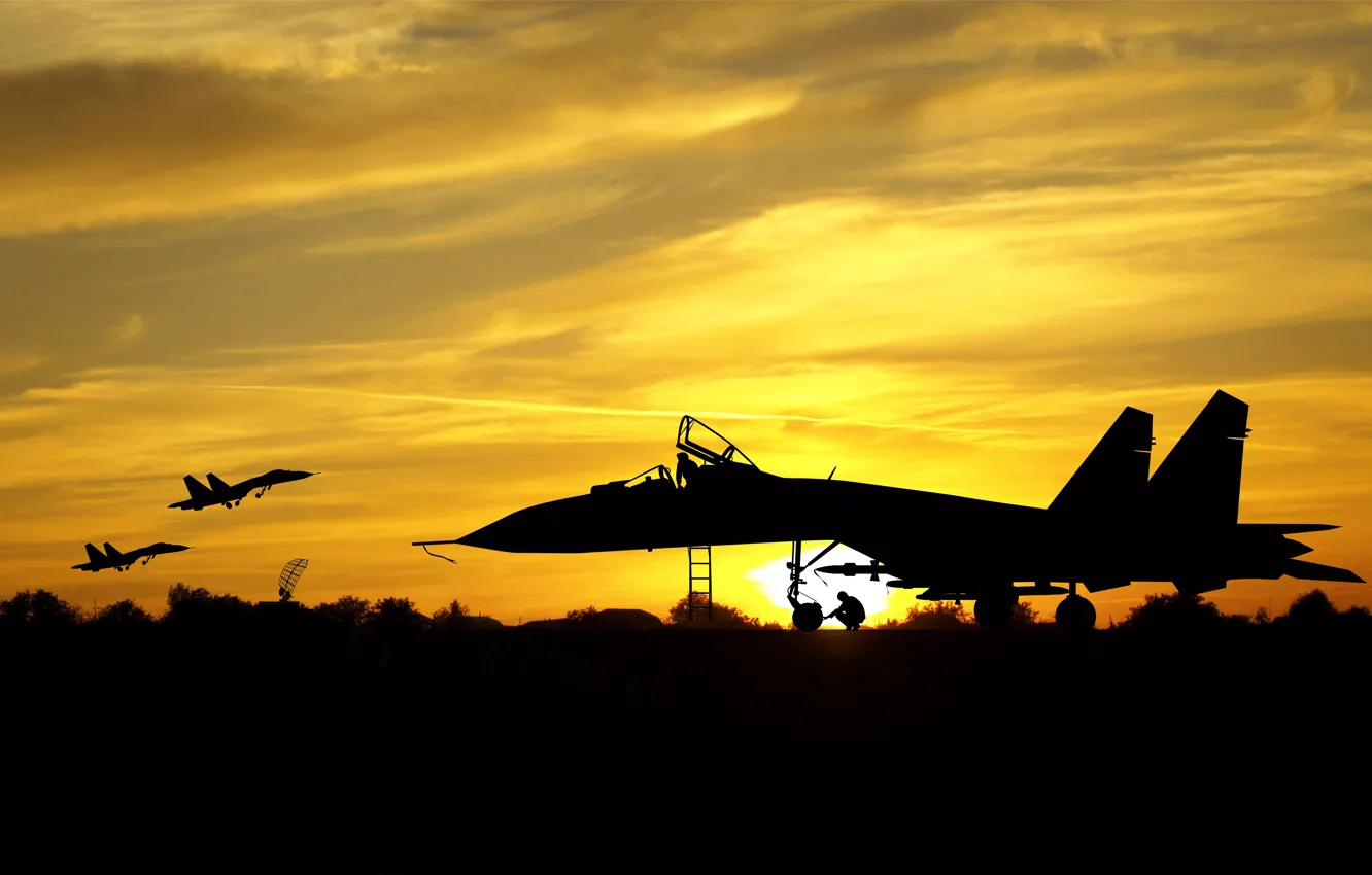Photo wallpaper the plane, silhouette, the airfield, Su-27, wallpaper., beautiful background, locator, sky flight dal