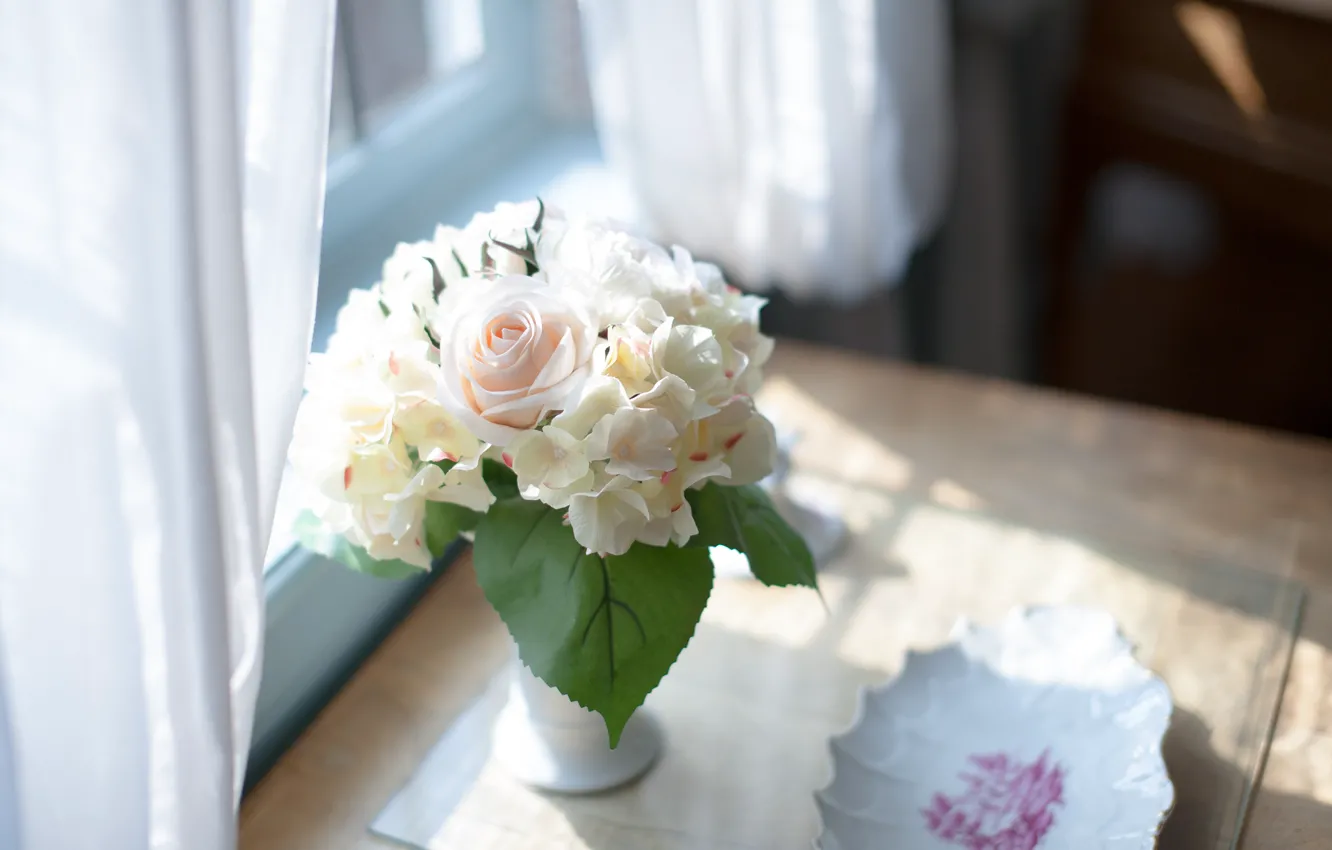Photo wallpaper flowers, table, bouquet, vase