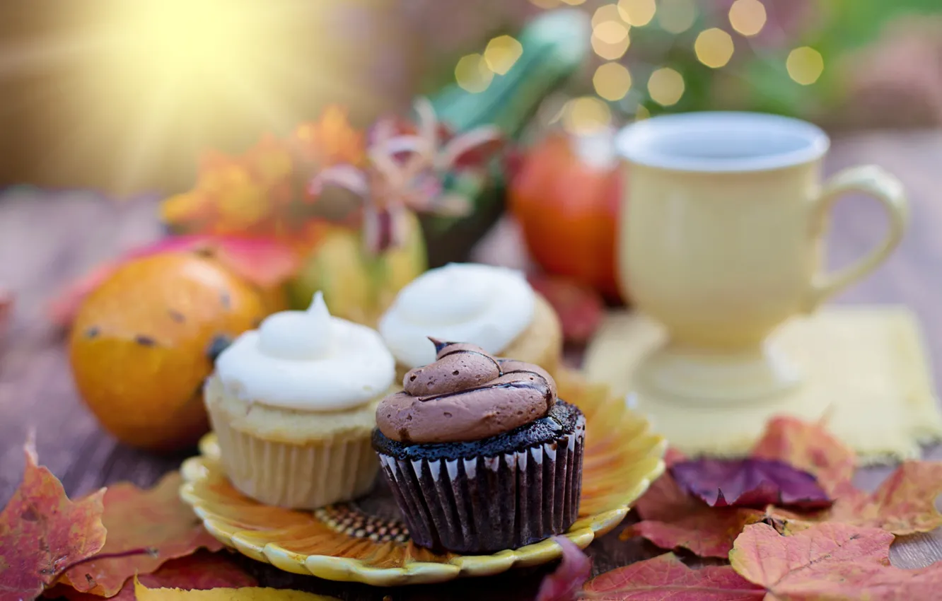 Photo wallpaper autumn, leaves, plate, Cup, cake, cakes, bokeh, cupcakes