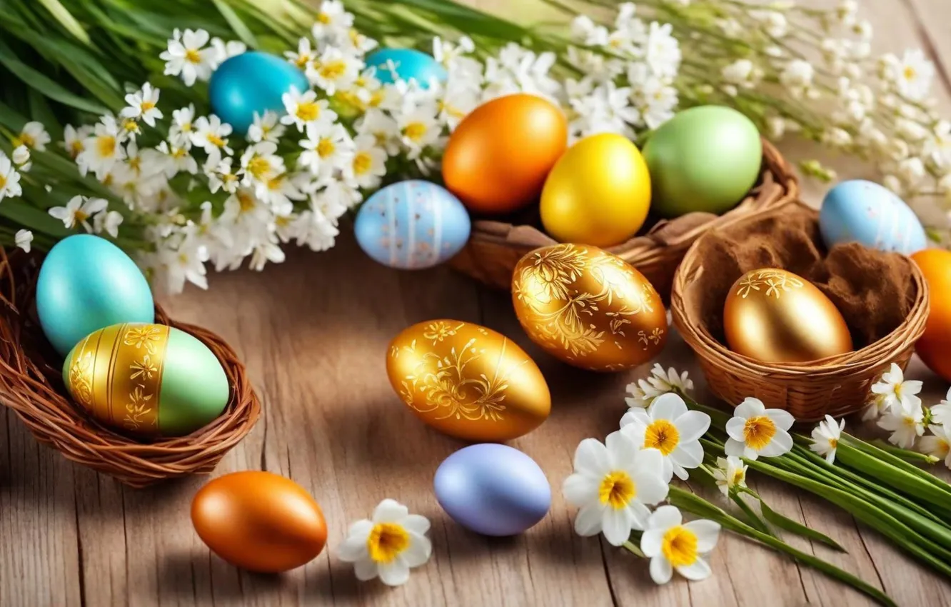 Photo wallpaper flowers, eggs, spring, colorful, Easter, happy, flowers, spring