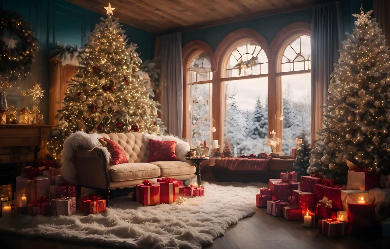 Photo wallpaper decoration, room, gift, balls, tree, new year, interior, Christmas