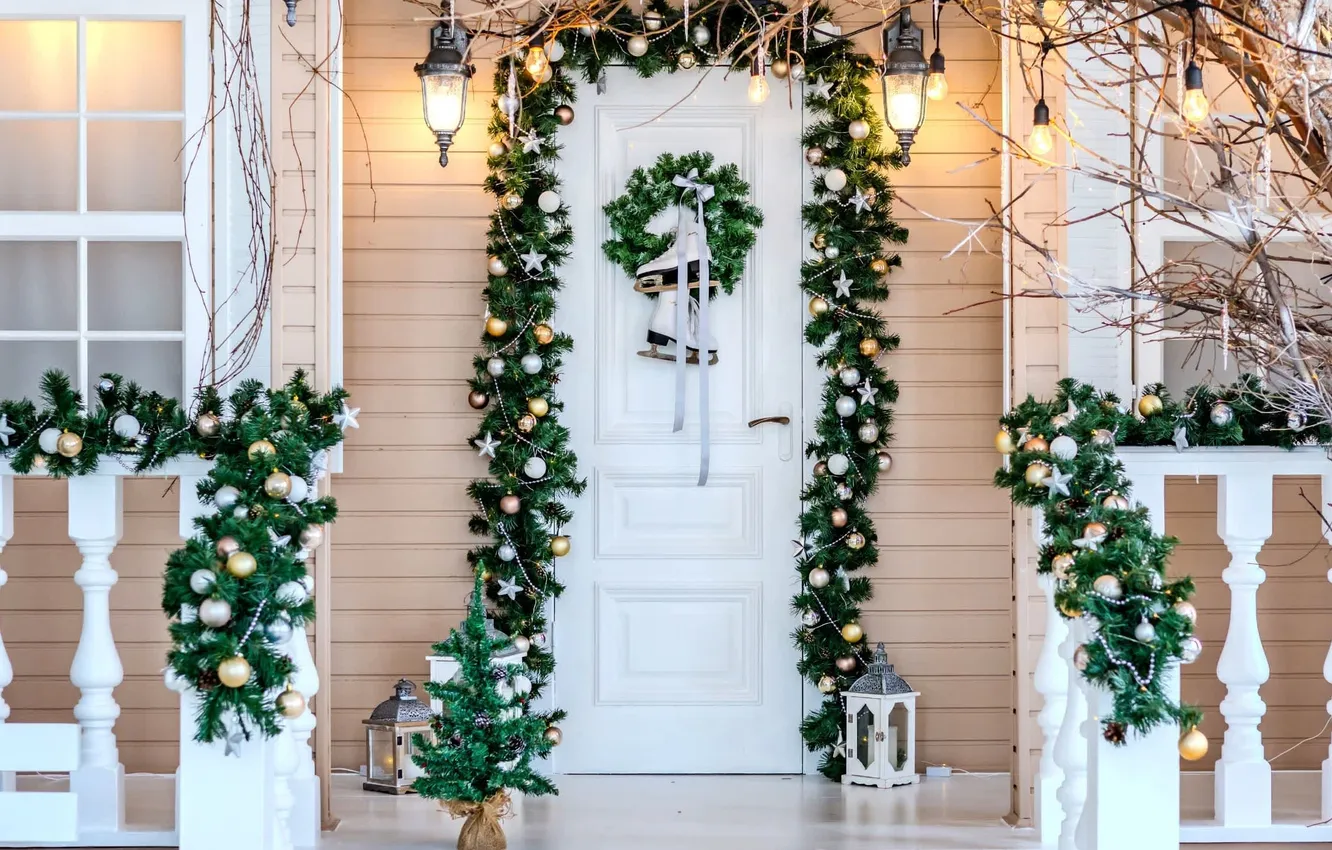 Photo wallpaper winter, decoration, holiday, balls, building, lamp, new year, home