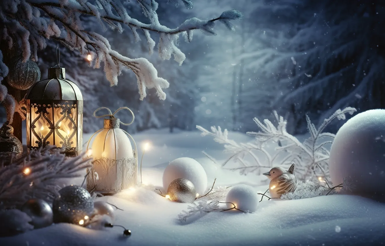 Photo wallpaper winter, forest, snow, decoration, night, lights, balls, tree