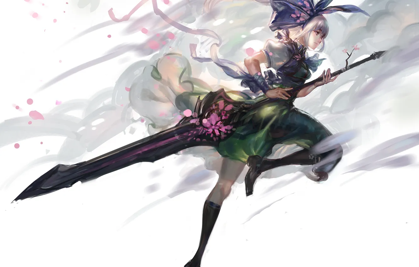 Photo wallpaper girl, weapons, smoke, sword, art, tape, profile, bow