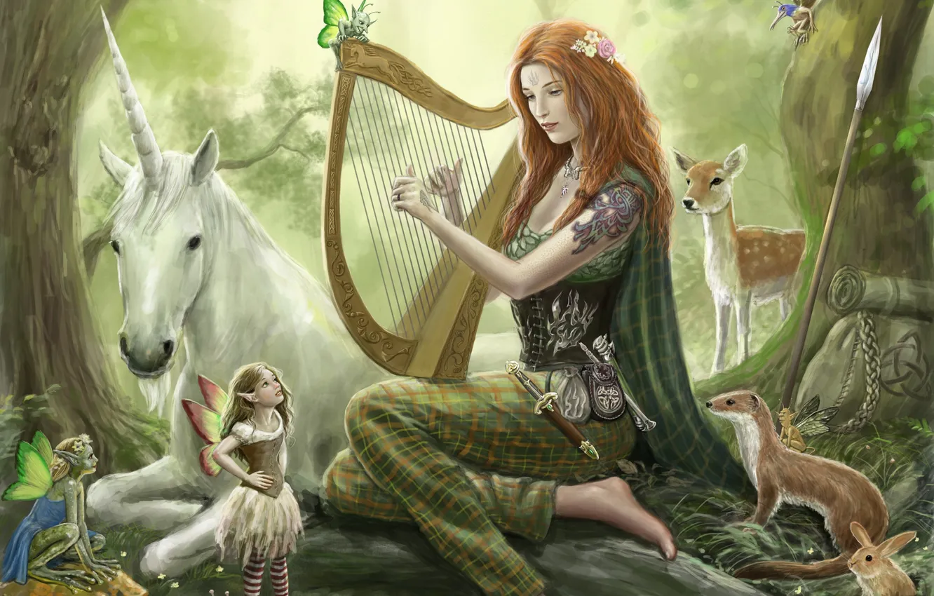 Photo wallpaper forest, girl, music, fairy, art, harp, unicorn, spear
