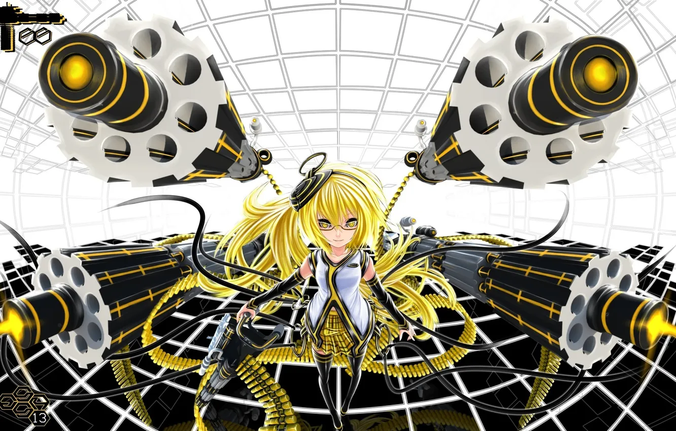 Photo wallpaper girl, weapons, glasses, trunk, cartridges, machine gun, yellow eyes