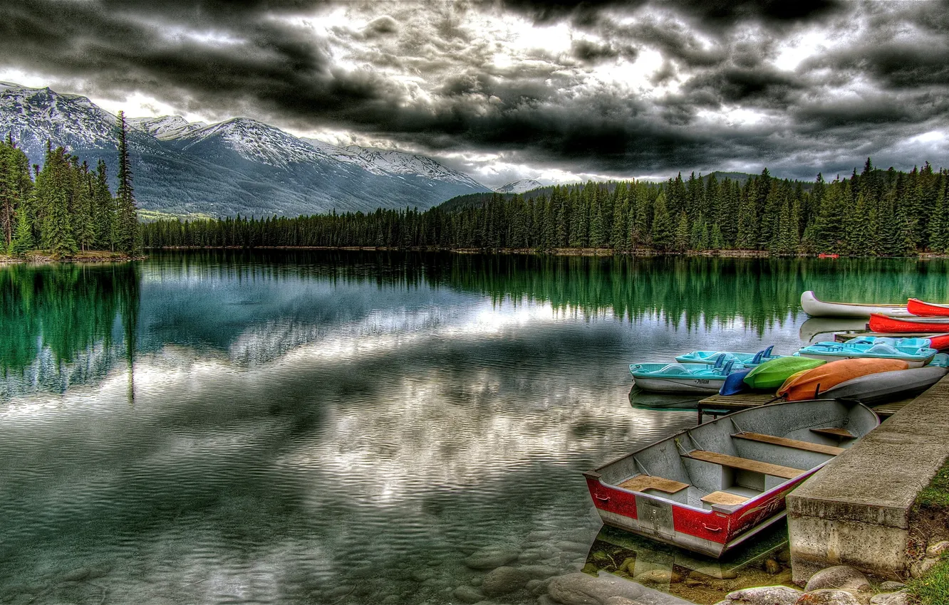 Photo wallpaper forest, the sky, clouds, trees, landscape, mountains, nature, lake