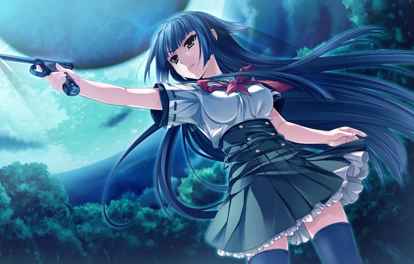 Photo wallpaper girl, night, gun, weapons, the moon, aiming, tsukumo no chickens