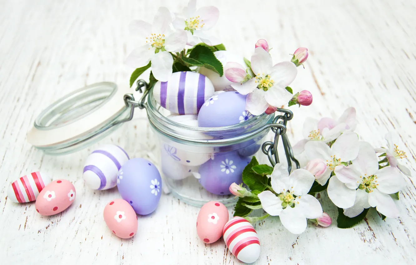 Photo wallpaper branches, spring, Easter, jars, flowers, eggs, Olena Rudo