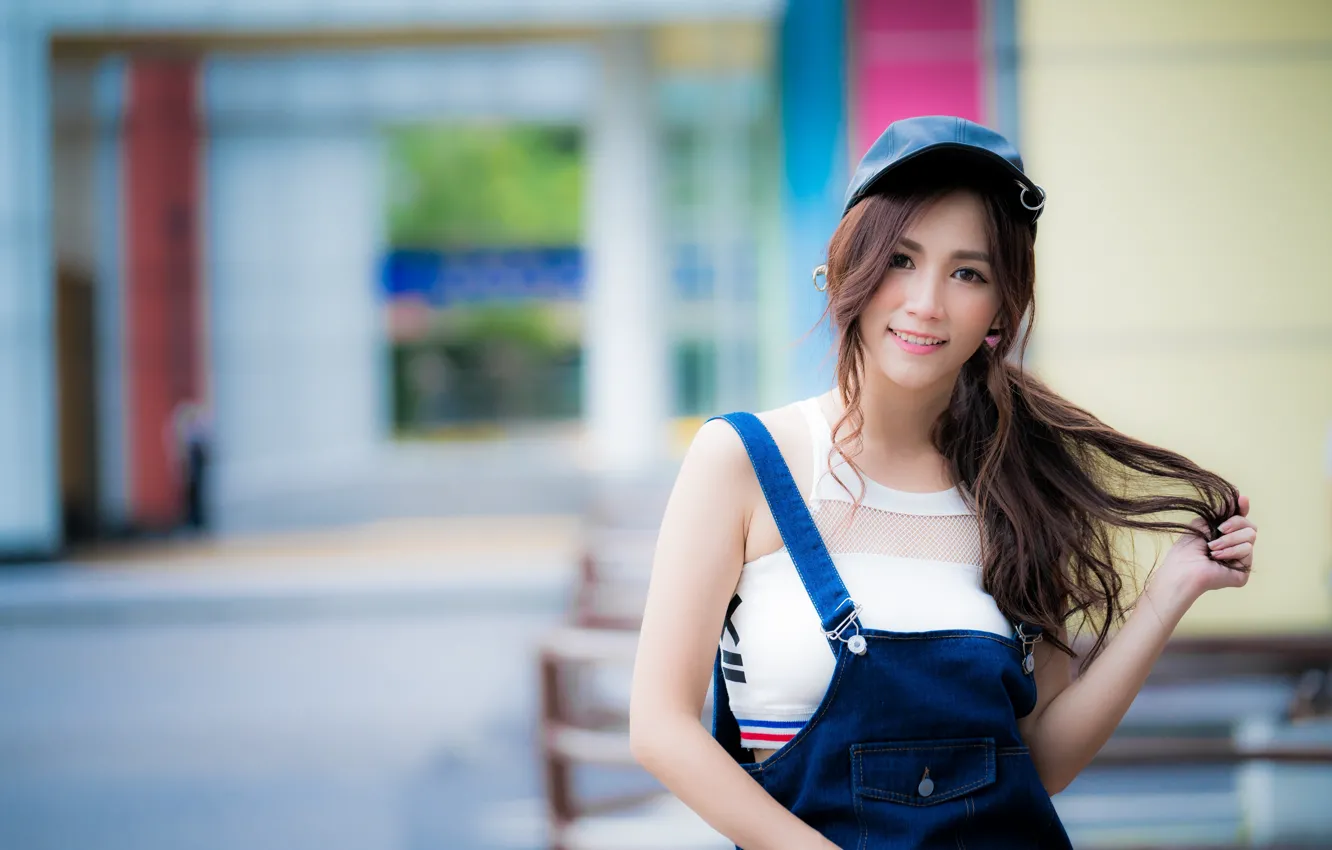 Photo wallpaper girl, smile, cap, Asian, cutie, blocks