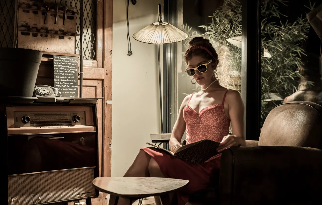 Photo wallpaper girl, style, chair, glasses, book, floor lamp, vintage, Radiola