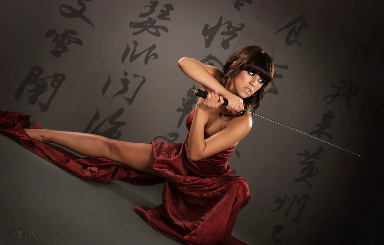 Photo wallpaper look, girl, weapons, feet, sword, brunette, characters, sitting