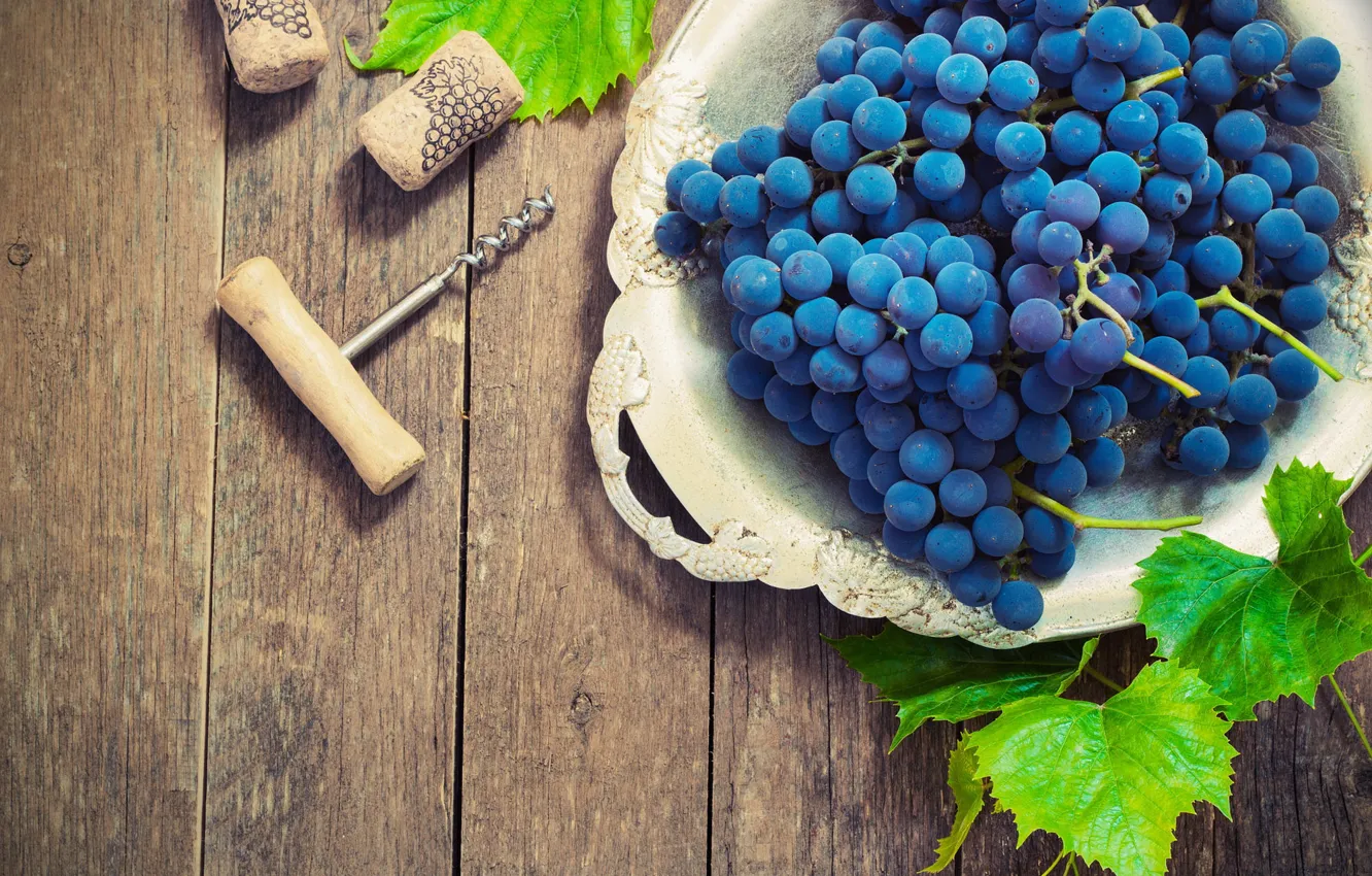 Photo wallpaper leaves, blue, Board, grapes, tube, corkscrew, tray, bunch of grapes