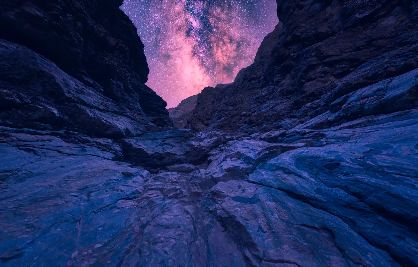 Photo wallpaper the sky, mountains, night, stones, rocks, The milky way, twilight, canyons