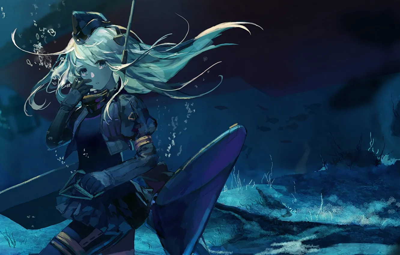 Photo wallpaper sea, fish, bubbles, the bottom, depth, screw, girl, long hair