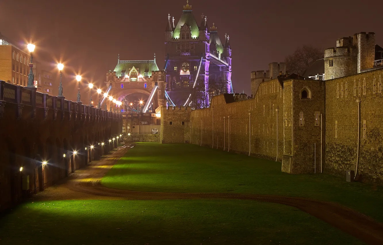 Photo wallpaper bridge, England, London, light show, Tower