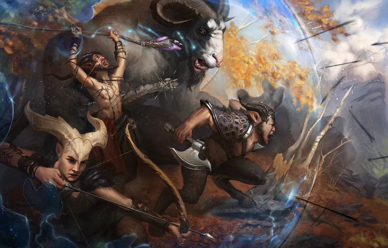 Photo wallpaper magic, bow, Archer, horns, staff, shield, arrows, fawn