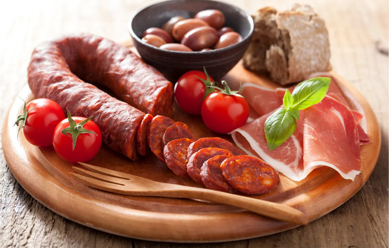 Photo wallpaper photo, food, tomatoes, sausage, ham, products, meat