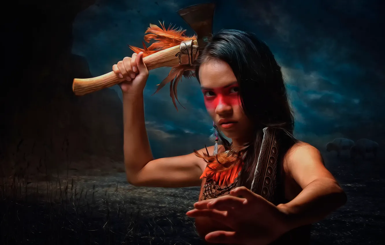 Photo wallpaper girl, battle axe, Tomahawk, war paint, Native American