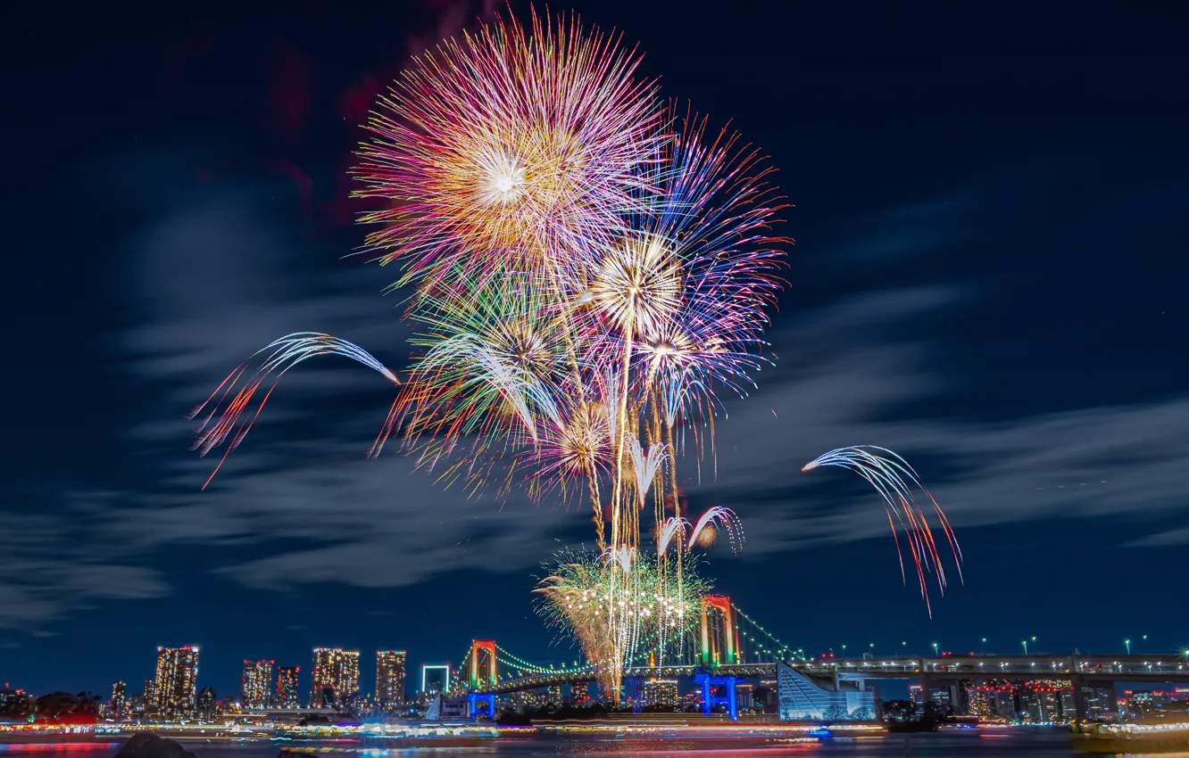 Photo wallpaper bridge, Japan, Tokyo, Tokyo, Japan, fireworks, night city, Rainbow Bridge
