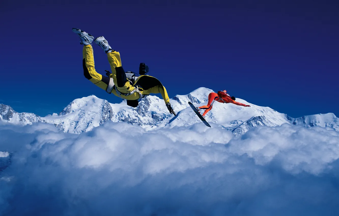 Photo wallpaper the sky, clouds, snow, mountains, parachute, container, Board, skydivers