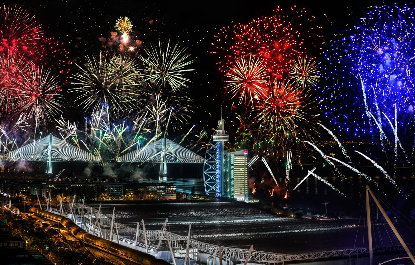 Photo wallpaper new year, salute, fireworks, Portugal, Lisbon, bridge Vasco da Gama