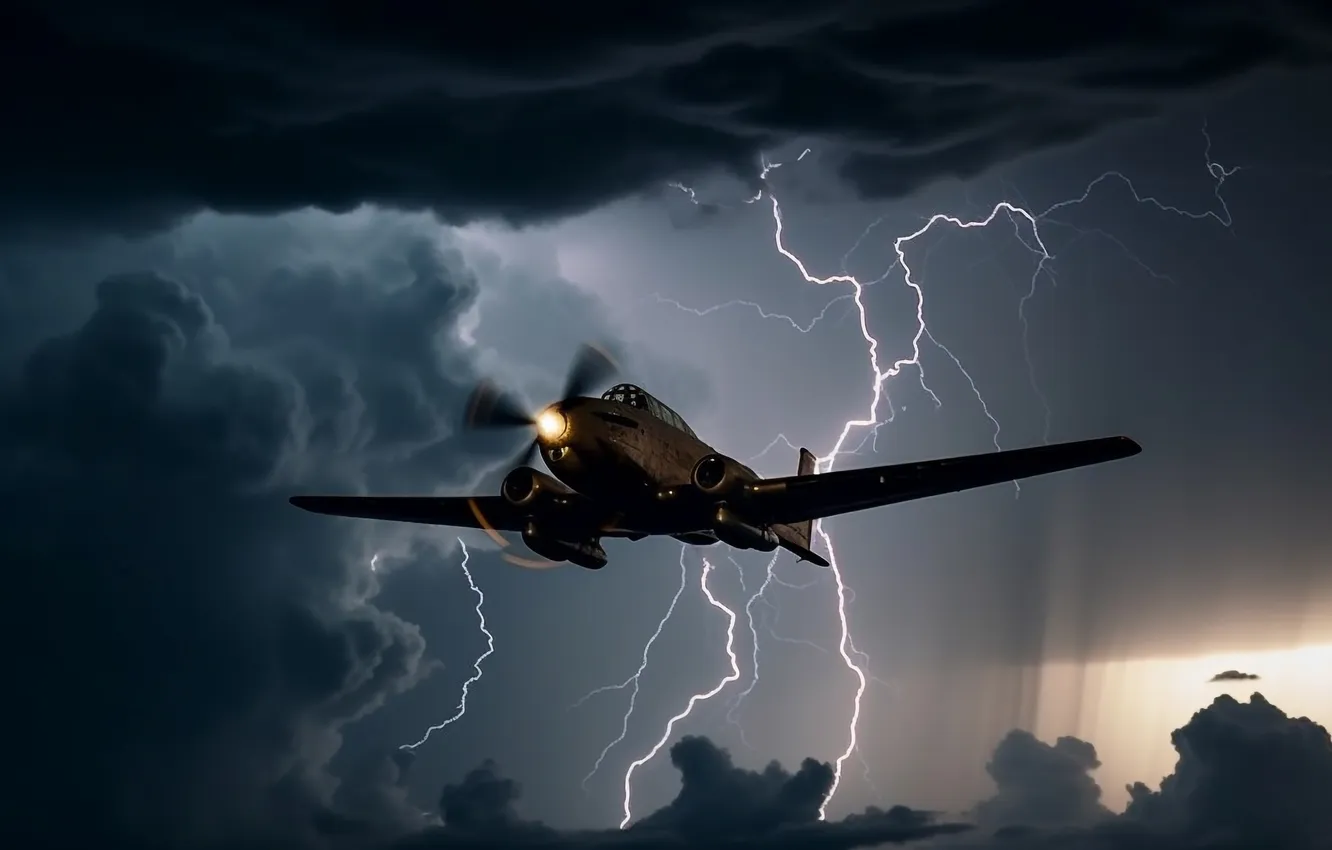 Photo wallpaper flight, clouds, lightning, the plane, digital art, AI art, The Art of Artificial Intelligence, neural …