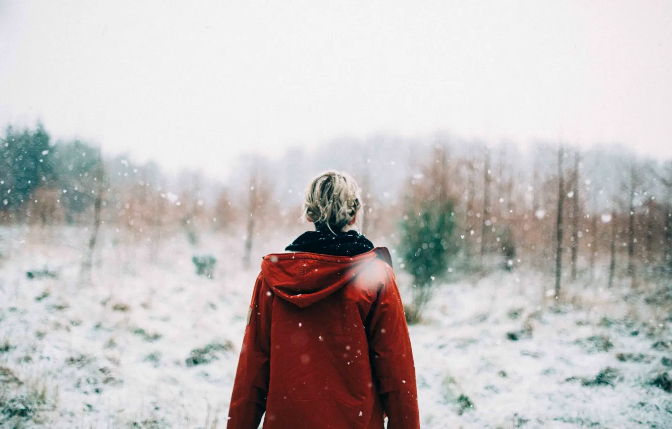 Photo wallpaper girl, forest, snow, morning, sunrise, snowy, woodland, snowing