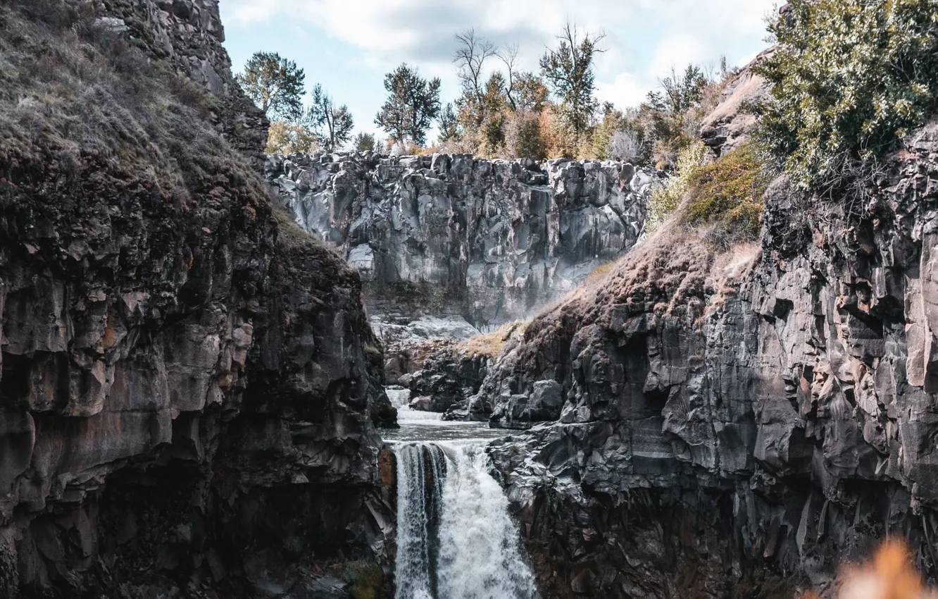 Photo wallpaper trees, mountains, stones, rocks, vegetation, waterfall, gorge
