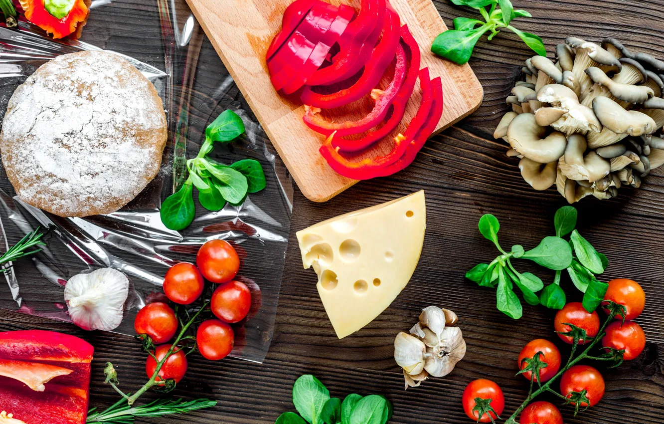 Photo wallpaper mushrooms, cheese, pepper, pizza, tomatoes, the dough, blank