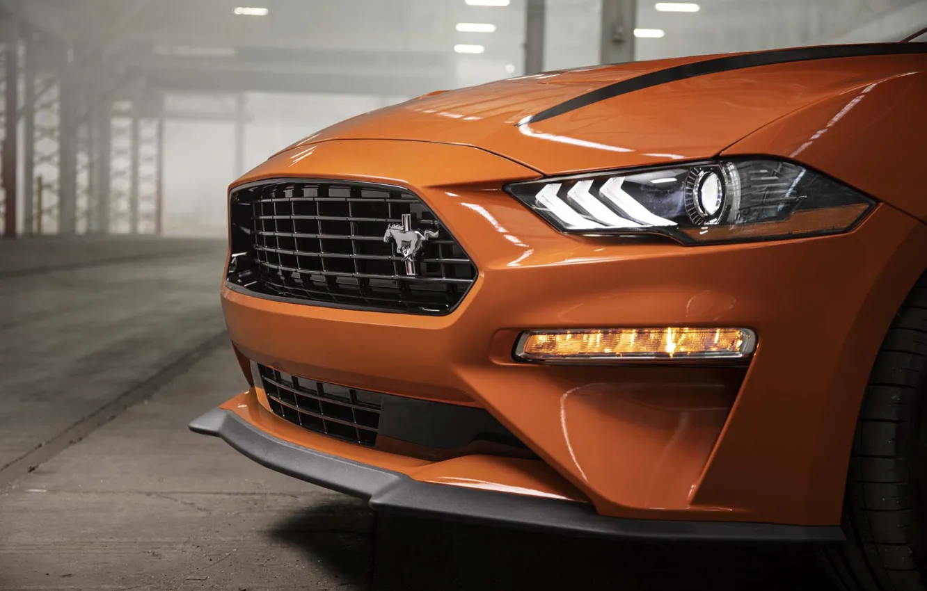 Photo wallpaper Orange, Ford Mustang, Muscle Car, The front, EcoBoost, 2020