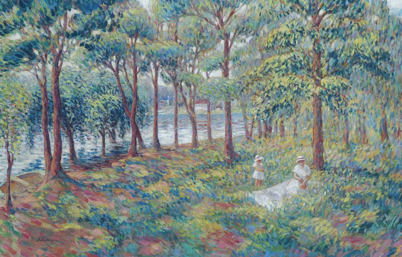 Photo wallpaper trees, landscape, river, picture, genre, Henri Lebacq, Madame Lebasque and Daughter by the Marne