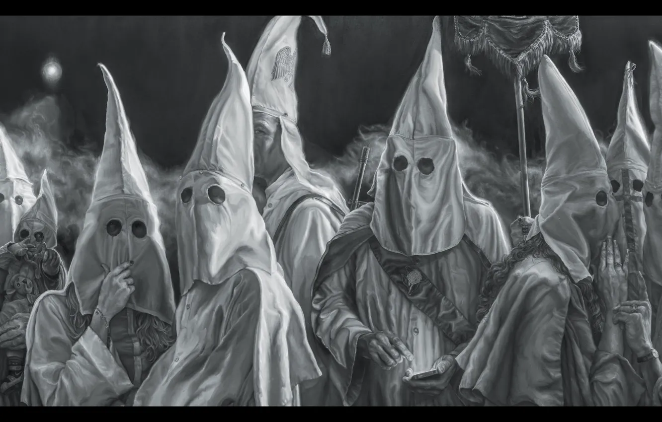 Photo wallpaper reality, parody, Artist Vincent Valdez, Paints, The Ku Klux Klan, panoramic