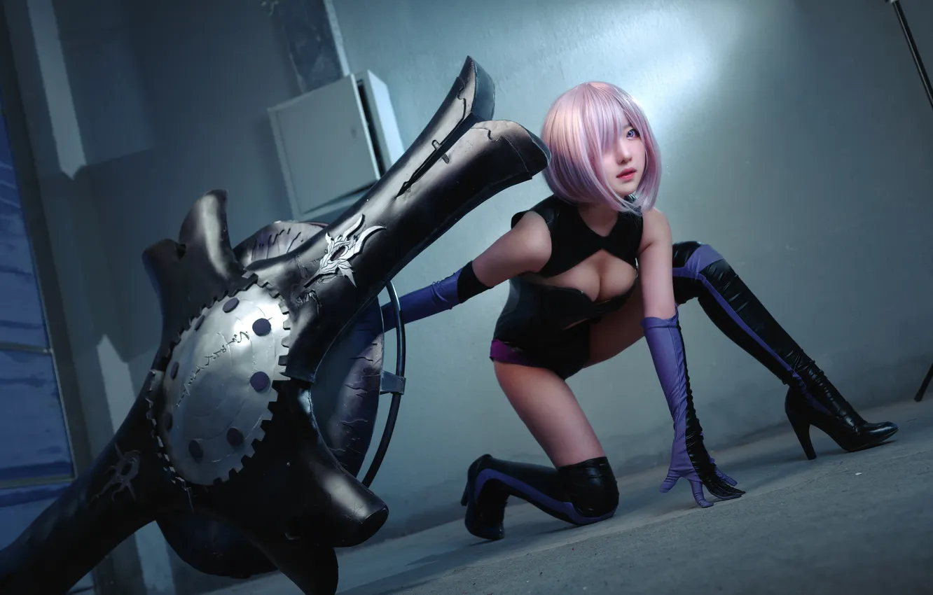 Photo wallpaper dress, short hair, women, cosplay, asian, purple hair, Mash Kyrielight, Slim body