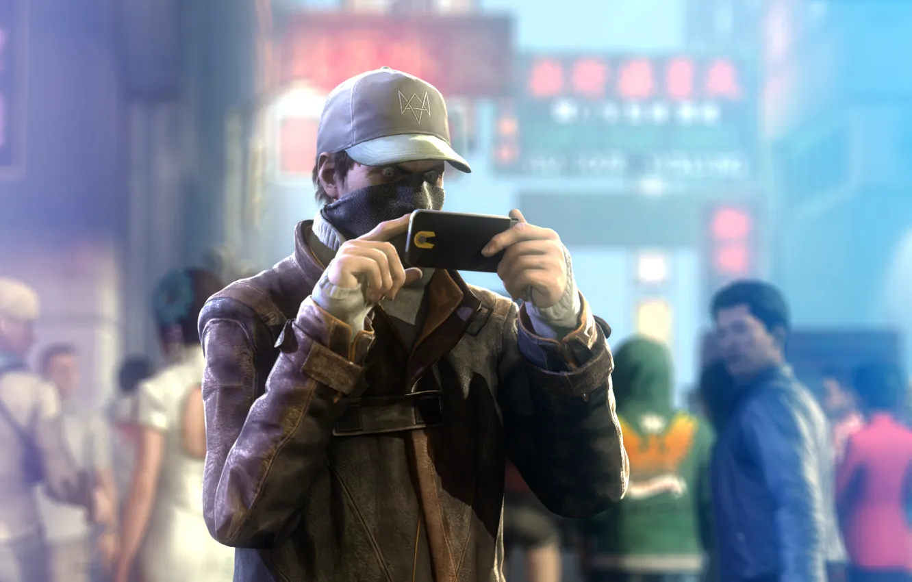 Photo wallpaper look, phone, cap, cloak, Watch Dogs, Aiden Pearce