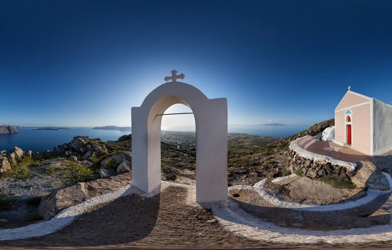 Photo wallpaper coast, Santorini, Greece, panorama, arch, chapel, Santorini, Oia