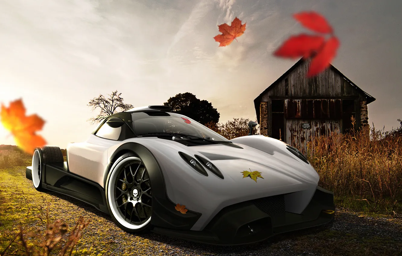 Photo wallpaper Zonda, ROAD, Sports CAR, WHITE, DESIGN, HOUSE, BLACK, LEAVES