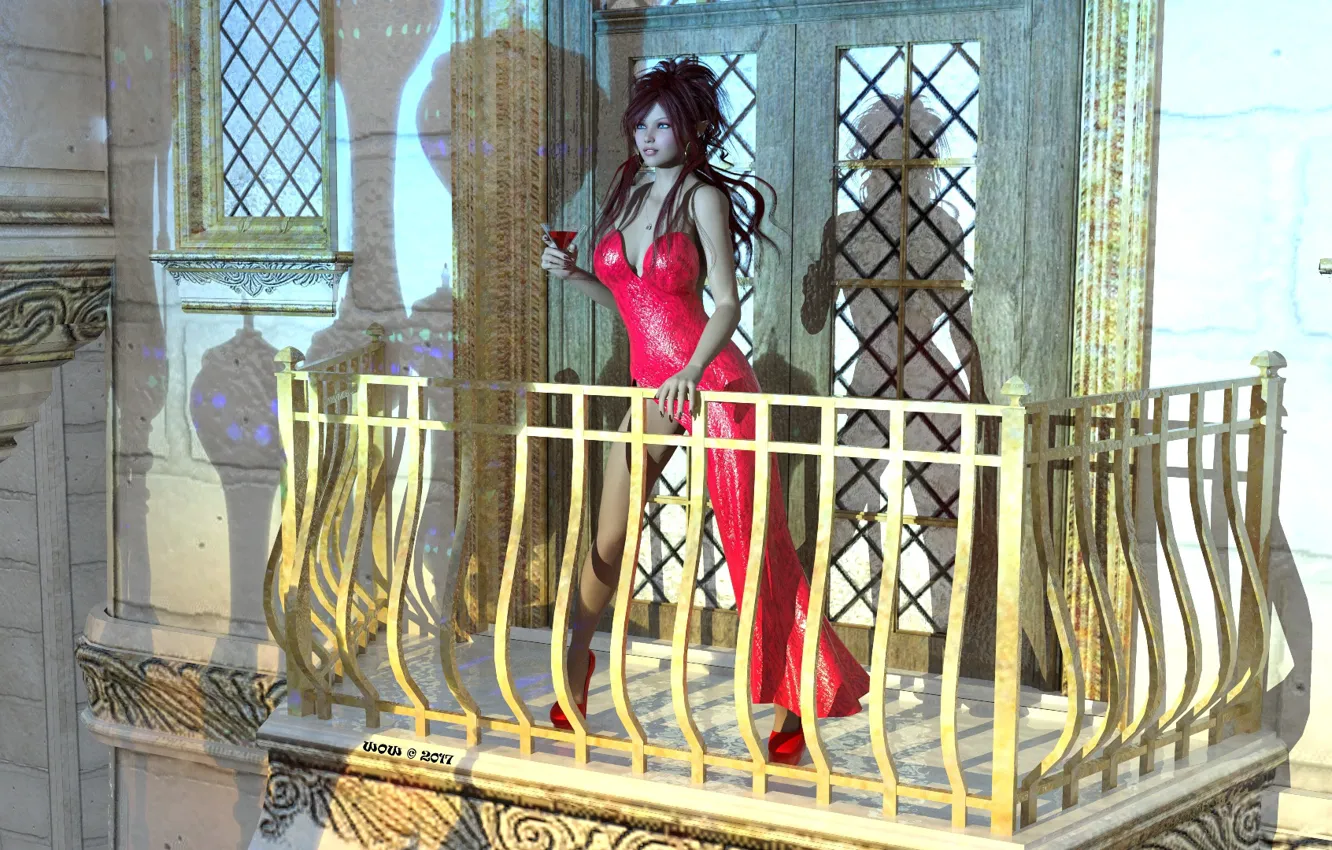Photo wallpaper girl, balcony, red suit