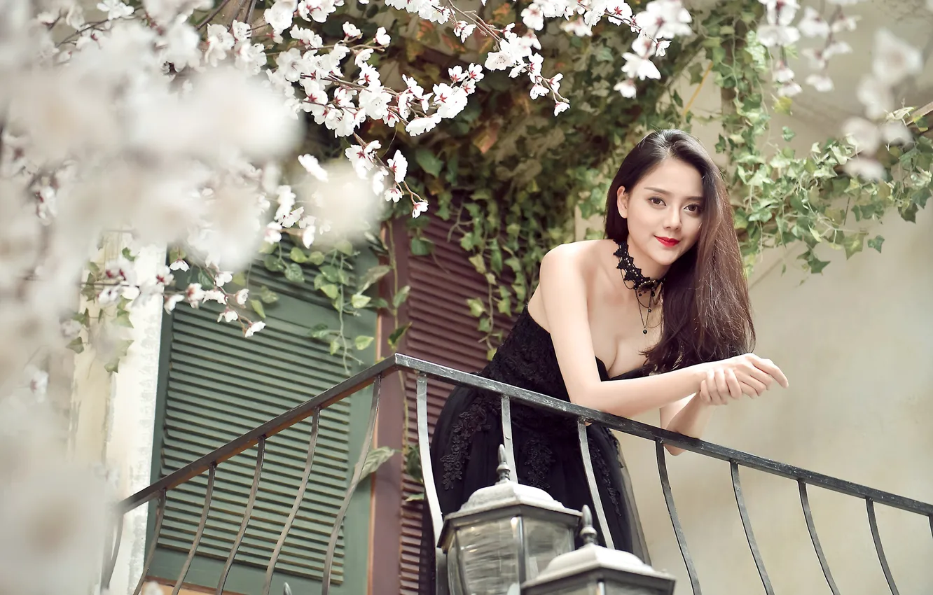 Photo wallpaper chest, girl, flowers, branches, pose, background, wall, sweetheart