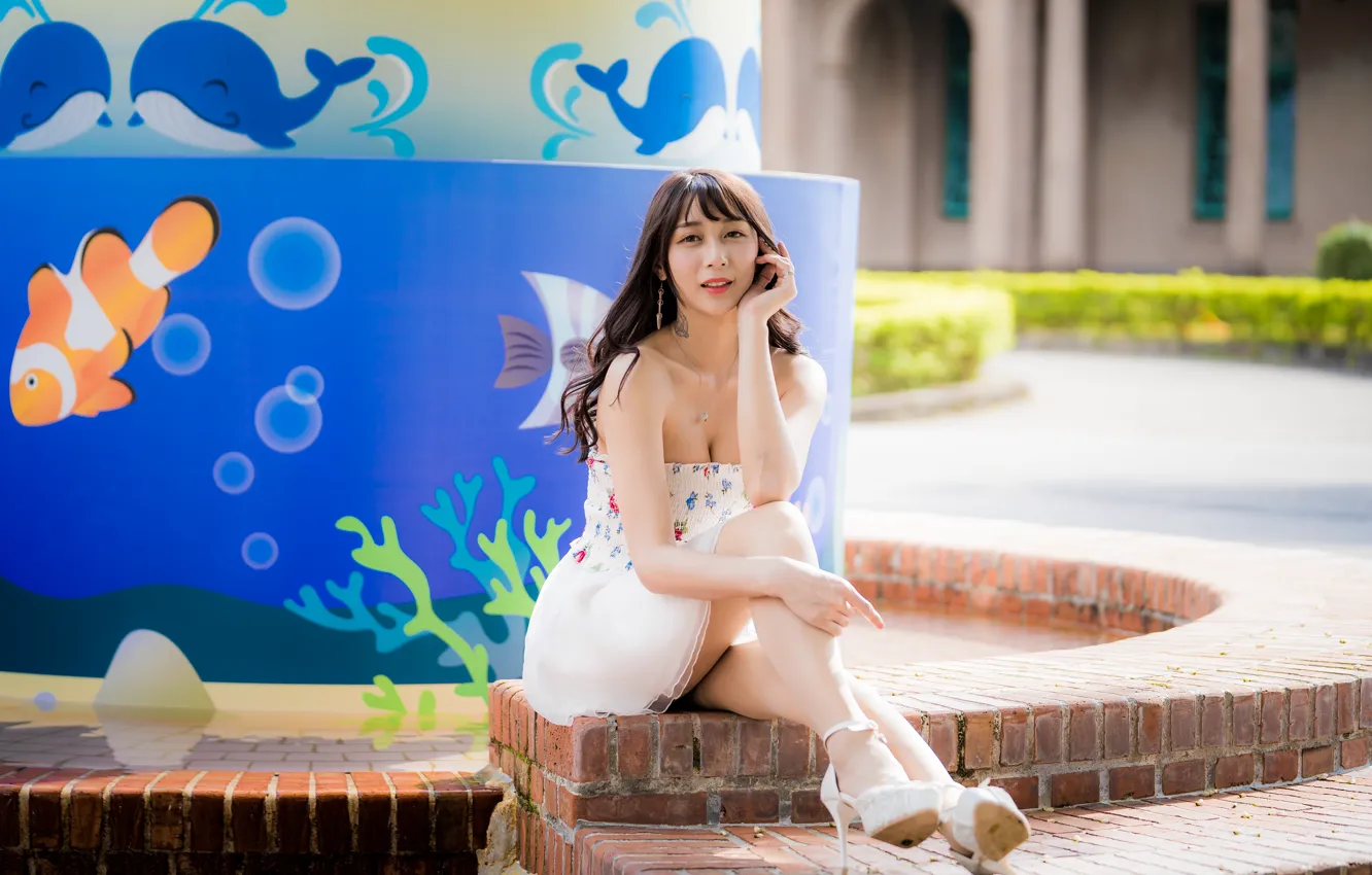 Photo wallpaper look, girl, brown hair, legs, Asian, cutie, bokeh